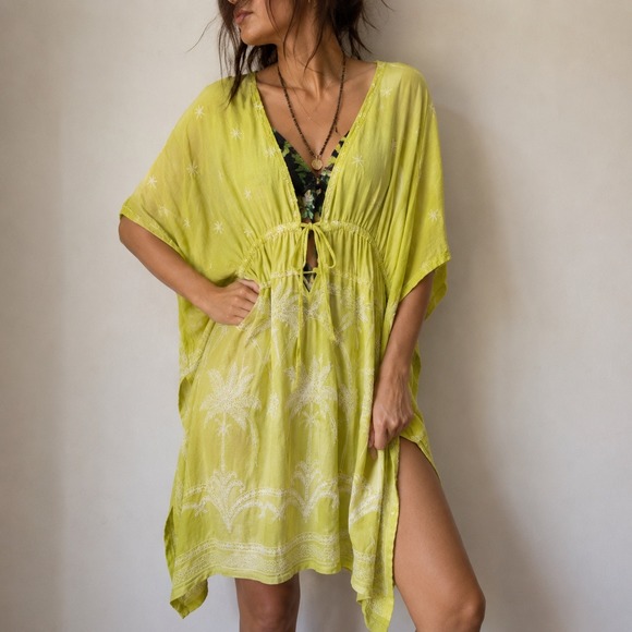 Soma Other - Soma Swim Embroidered Cover Up Green Yellow Tie Front Tunic Small Medium NWT
